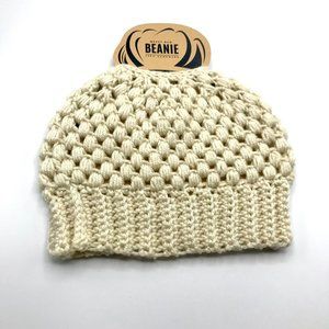 Puff Stitch Messy Bun Beanie | Handmade Crochet Hat